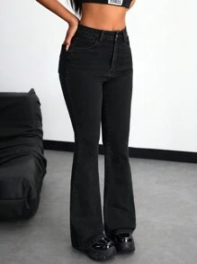Women's Casual Flared Jeans With Slanted Pockets, Autumn - Black - View 6