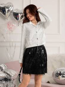 SHEIN 2pcs/Set Teen Girls Luxury Elegant Sequin Short Jacket + Sequin Tassel Mini Skirt - Multicolor - View 5