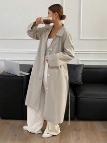 DAZY 1pc Women's Loose Solid Color Long Sleeve Waist Belt Pocket Trench Coat
