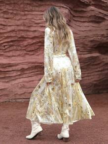 Aveloria Vintage Elegant Stand Collar Gold Velvet Printed Fit And Flare Long Sleeve Dress For Women Fall Cloth For Women - Multicolor - View 2