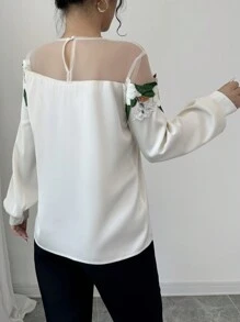 Rafferiza Damen elegante Bluse mit langen Ärmeln und Kontrast-Spitzennetz, Langarm Oberteile - Aprikosenfarben - Übersicht 2