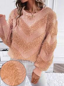 Chiquease V-Shape Faux Mink Knitted Sweater  Fall Winter Outfit - Pink - View 1