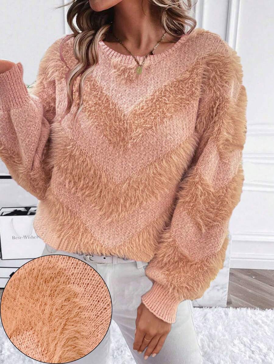 Chiquease V-Shape Faux Mink Knitted Sweater  Fall Winter Outfit - Pink - View 1