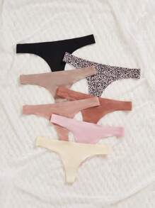 7 件装无缝舒适简约豹纹印花大地色系女式丁字裤 - 彩色 - 查看 5