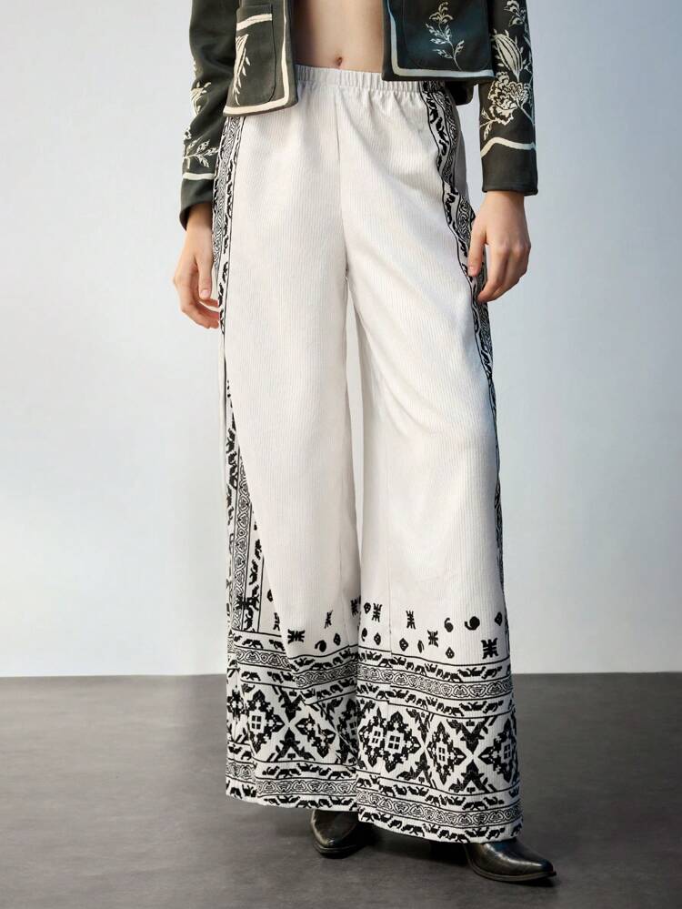 SHEIN Maija Women's White Geometric Pattern Elastic Waist Casual Vacation Loose Wide-Leg Pants, Versatile For Everyday And Vacation