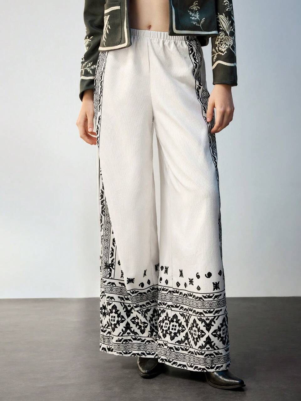 SHEIN Maija Women's White Geometric Pattern Elastic Waist Casual Vacation Loose Wide-Leg Pants, Versatile For Everyday And Vacation