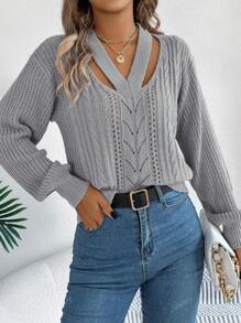 Autumn/Winter Casual Sexy V-Neck Hollow Out Cable Knit Lantern Sleeve Sweater