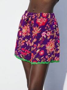 Maija Damen Lässig Shorts mit Blume Muster und elastischem Bund für den Sommer, romantisch, modisch, vielseitig; geeignet für Sommerurlaub, bequem, im Boho-Stil, Strandmode - Violett - Übersicht 3