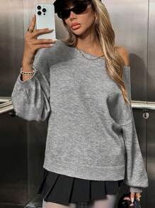 Chiquease 女士优雅亮片蝴蝶结点缀落肩长袖毛衣，秋冬款 - 灰色 - 查看 4