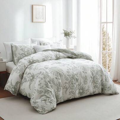 3件套鹿鸣卷曲花卉植物印花灰色柔软透气被套套装，包含被套和枕套，适用于双人/大号/特大号床，四季皆宜，家居装饰，礼品