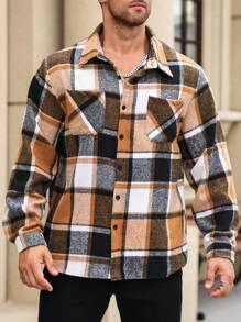 Manfinity Homme Plus Size Men's Plaid Pocket Single-Breasted Casual Going Out Shacket, For Friends, Husband, Boyfriend Gifts, For Fall