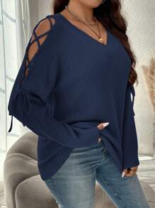 SHEIN Clasi Plus Size Casual Cross Wrap Loose Raglan Sleeve Sweater, Autumn & Winter - Royal Blue - View 1