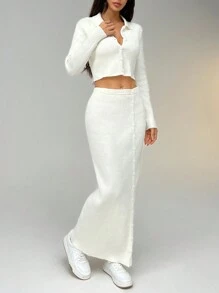 SHEIN EZwear 女式纯色长袖短款开衫和高开衩裙两件套，秋冬 - 杏色 - 查看 6