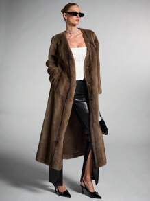 SHEIN BAE 女士复古服装纯色长袖口袋蓬蓬休闲外套皮草大衣秋季女装万圣节风俗女装冬季女装长款棕色暗纹复古皮草大衣，时尚又保暖 - 咖啡棕 - 查看 4