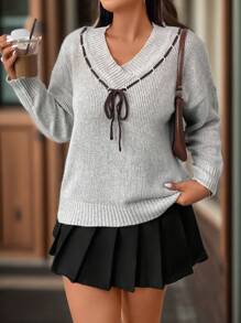 Flirla Plus Size Women V-Neck Tie-Front Drop Shoulder Long Sleeve Casual Knit Pullover Sweater Knit Pullover Fall Winter - Light Grey - View 7