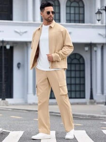 Manfinity VCAY 2pcs Men's Loose Fit Casual Jacket & Straight-Leg Pants Set, Suitable For Autumn - Khaki - View 1