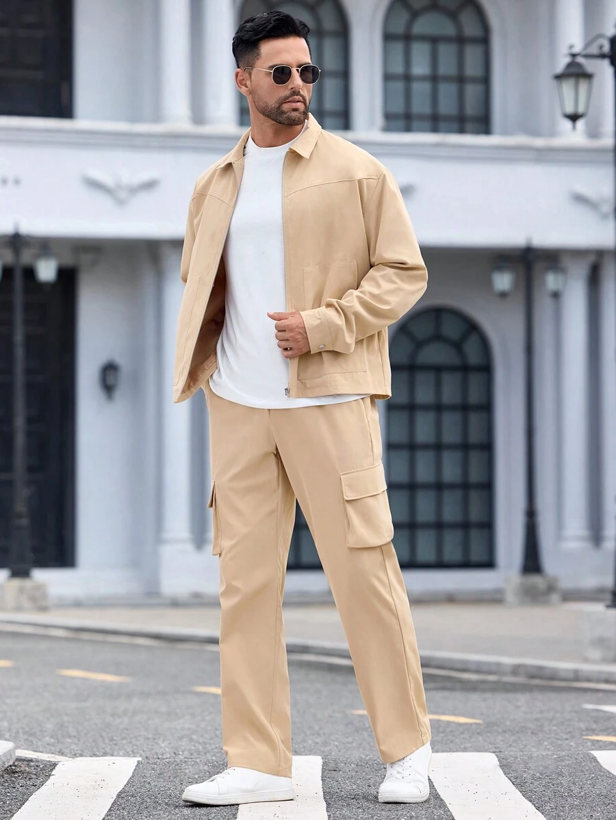 Manfinity VCAY 2pcs Men's Loose Fit Casual Jacket & Straight-Leg Pants Set, Suitable For Autumn - Khaki - View 1