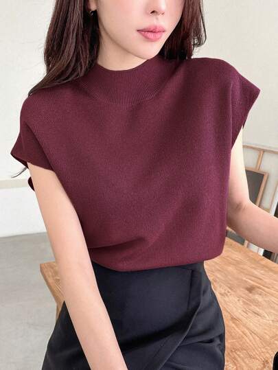 DAZY Solid Color Stand Collar Elegant Cap Sleeve Knit Top,Fall Clothes
