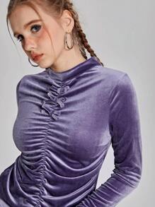 SHEIN 青少年女孩高腰弹力腰喇叭腿纯色裤子 - 淺灰紫 - 查看 7