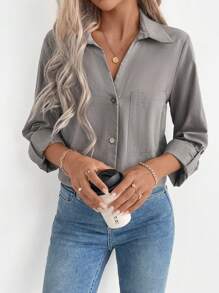 SHEIN LUNE Casual Comfortable Button-Front Long Sleeve Shirt With Pockets, Autumn - Brown - View 3
