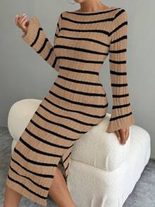 Chiquease Vestido de punto con abertura con mangas acampanadas a rayas para mujer