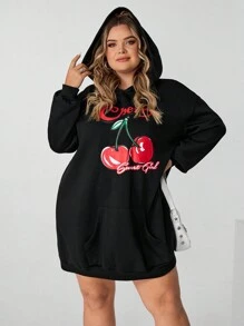 SHEIN CURVE+ 加大码樱桃印花长款卫衣（带口袋），休闲可爱 - 黑色 - 查看 7