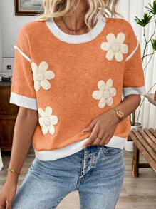 SHEIN LUNE 女士超大圆领短袖花卉印花针织上衣 - 橘色 - 查看 3