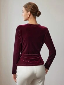 MOTF VELVET CROSS WRAP RUCHED GOLD BUTTON DETAIL TEE - Burgundy - View 5
