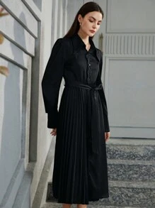 SHEIN Privé Tie-Up Waist Design Long Sleeve Pleated Shirt Dress For Women, Autumn Fall Cloth For Women - Black - View 4