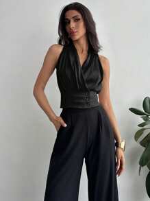 Firerie Áo cánh satin công sở thanh lịch có nút thắt eo cho nữ - màu đen - Xem 5