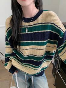 DAZY 條紋對比色休閒女款毛衣，秋季，七分袖上衣校園風 - 綠色 - 查看 5