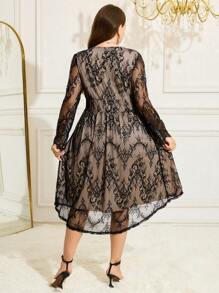 SHEIN Clasi Plus Size Black Mesh Embroidered Asymmetrical Hemline High Low A-Line Dress, Fall - Black - View 2