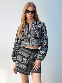 Maija Áo khoác cổ điển rộng rãi họa tiết Paisley đen trắng cho nữ, thời trang và đa năng cho kỳ nghỉ đầu xuân và mùa xuân - màu đen - Xem 4