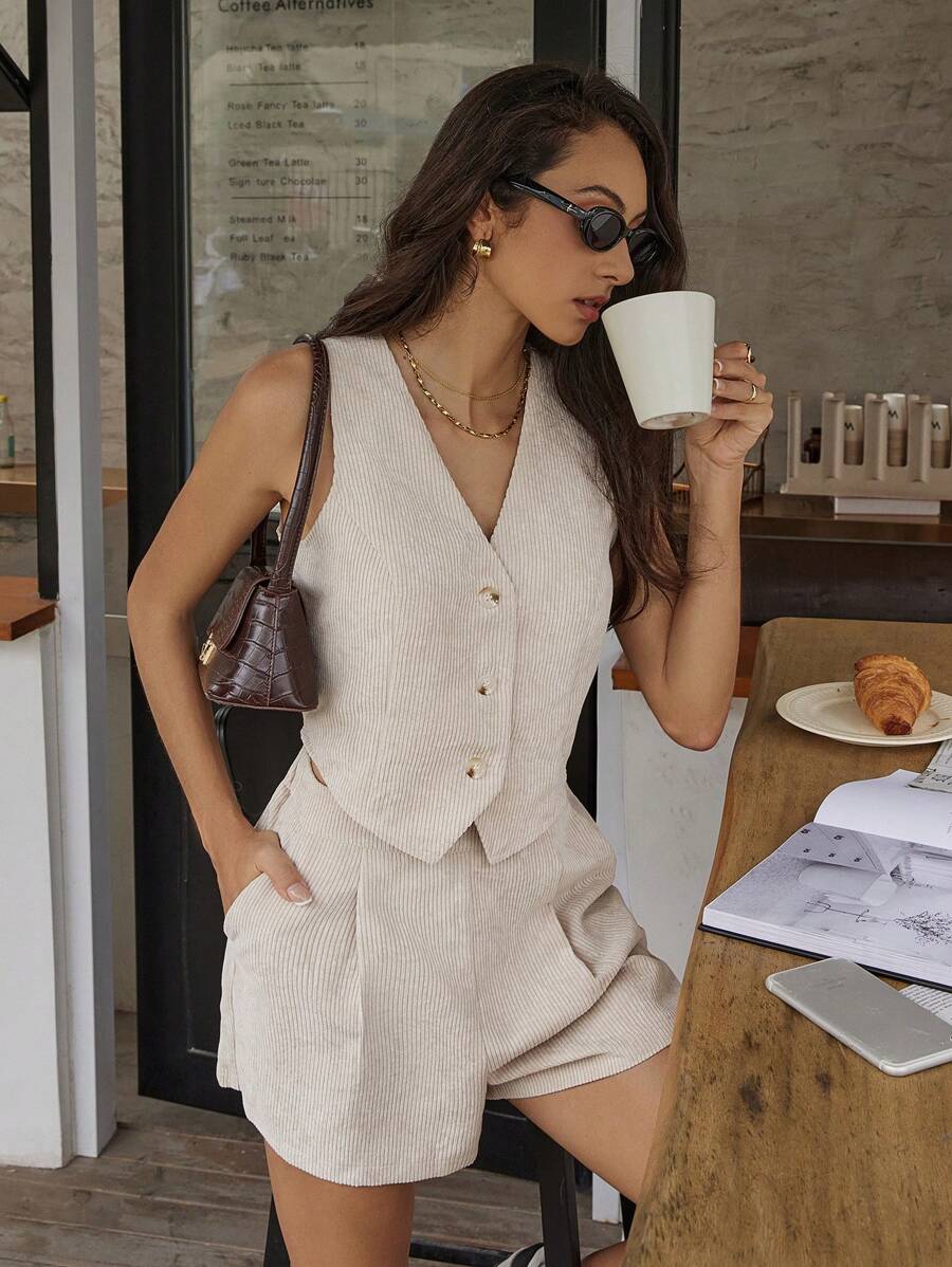 SHEIN Frenchy 2pcs Women Casual Striped Print V-Neck Buttoned Vest & Folded Pleated Shorts Set Homecoming Outfit Sets Winter Two Pieces Sets Fall Sets Elegant Summer - Apricot - View 1