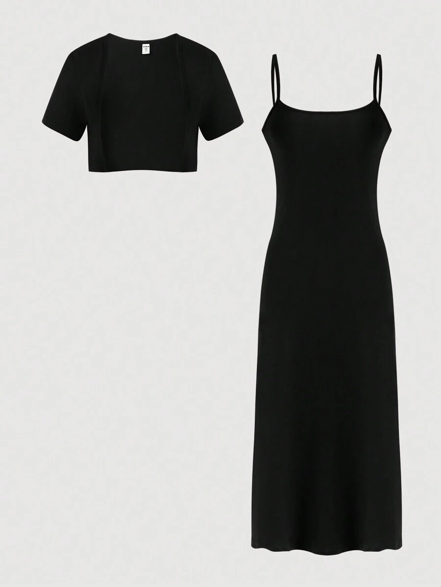 Tween Girl Solid Cami Dress & Super Crop Top - Black - View 1