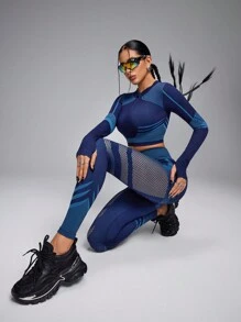 Innovista 女士紧身无缝3D立体线条动态纹理高弹运动卫衣，秋季卫衣，瑜伽健身服，外出上衣，运动上衣，长袖卫衣，秋季女装，户外，滑雪卫衣，秋冬女装，Core Motion秋季新款女式实用时尚，秋冬运动服，条纹设计 - 藍色 - 查看 7