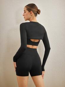 Activina 3pcs/Set Women High-Low Hem Solid Long Sleeve Top, Camisole And Shorts Sports Suit - Black - View 7
