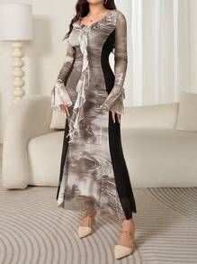 Modelyn Váy bodycon dài thanh lịch dành cho nữ có bèo nhún, màu tương phản, eo nhún & tay loe - màu nâu - Xem 1