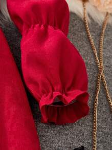 青少年女孩彼得潘领长袖褶皱正面纽扣时尚可爱连衣裙，适合圣诞节 - 紅色 - 查看 8