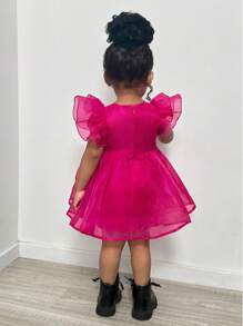 SHEIN Baby Girl Elegant Fuchsia Organza Solid Ruffle Hem Short Sleeve Party Dress - Pink - View 2