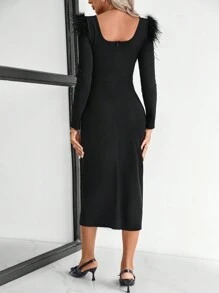 Chiquease Elegant Velvet Bow Tie Long Dress, Party & Casual Wear, Autumn Winter - Black - View 2