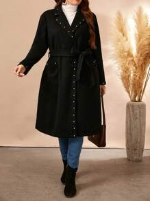 SHEIN LUNE Plus Size Women's Autumn/Winter Embellished Long Sleeve Long Overcoat Fall Cloth For Women - Black - View 5