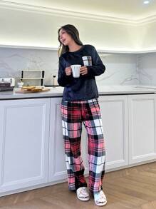 SHEIN 2 件套少女简约格子口袋装饰圆领长袖睡衣套装，配格子法兰绒长裤，秋冬季 - 彩色 - 查看 4