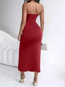 INAWLY Váy rút dây xích bó sát thanh lịch cỡ lớn dành cho nữ, mùa hè - Đỏ - Xem 2