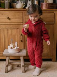 SHEIN Mono con capucha de animal cálido con cremallera y manga larga para bebé niño, para otoño/invierno - Rojo - Ver 12