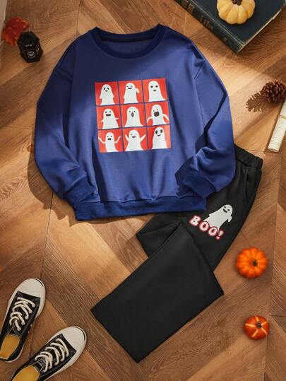 2pcs/Set Tween Boys Ghostly Grid Pattern Crew Neck Sweatshirt And Loose Fit Sweatpants Set For Halloween