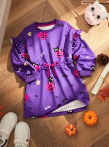 Girls Black Cat & Pumpkin Cap Sleeve Waist Cinched Hoodie Dress, Halloween