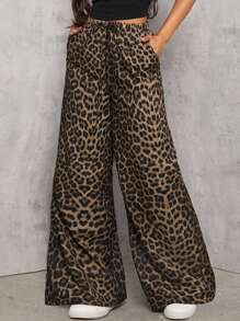SHEIN PETITE Casual Street Leopard Print Loose Straight Wide Leg Trousers , Palazzo Pants Cheetah Pantscheetah Print Pantsleopard Pantsleopard Print Pants
