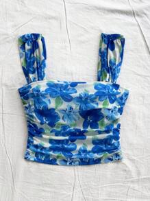 Soleia Multi-Color Floral Ruched Mesh Romantic Casual Vacation Women Tank Top - Blue - View 3