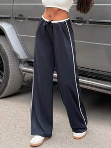 RueChic Women's Solid Low Waist Drawstring Pants - Navy Blue - View 1